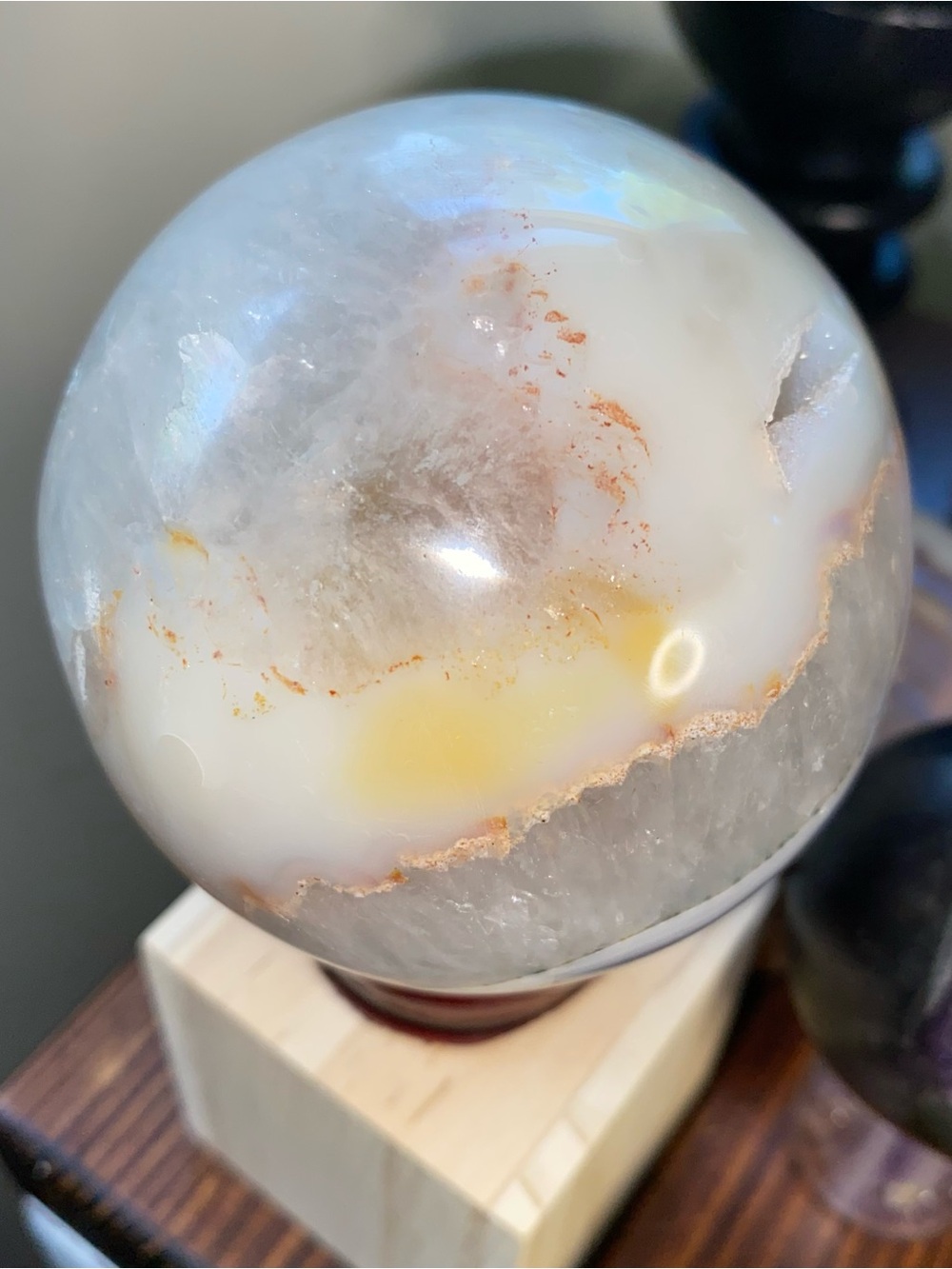 Large Natural Agate + Quartz Sphere | Blue Gray Chalcedony | Sparkly Druzy Cave - Picture 7 of 11